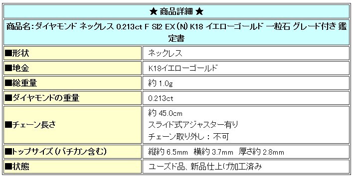 【最大50%OFF】ダイヤモンド ネックレス 0.213ct F SI2 EX K18 一粒石 グレード付き 鑑定書 美品 中古 SH80066 限界値下げ品_画像7