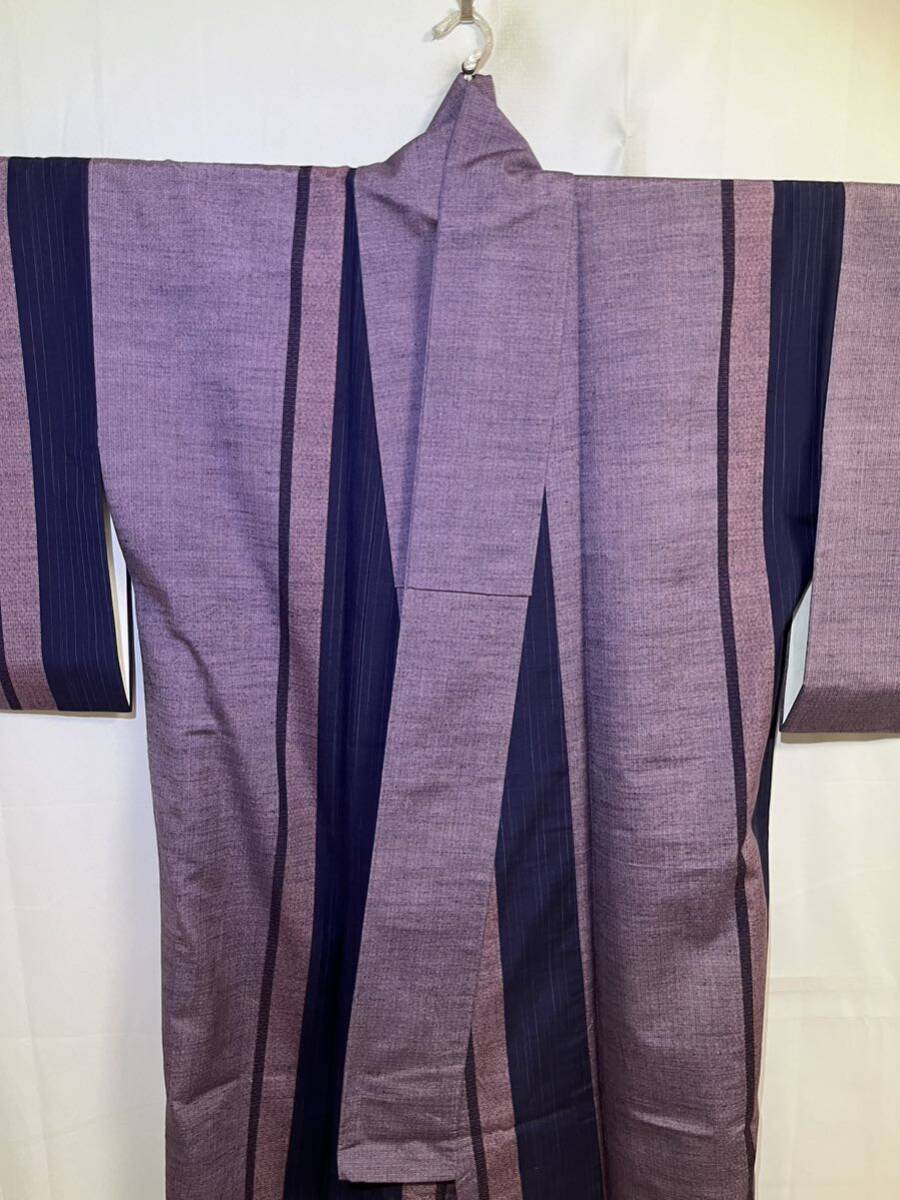 紬　正絹　縦縞模様　紫色地　着物　和服　和装　着物コーデ　リメイク　衣装　百貨店　高級_画像4