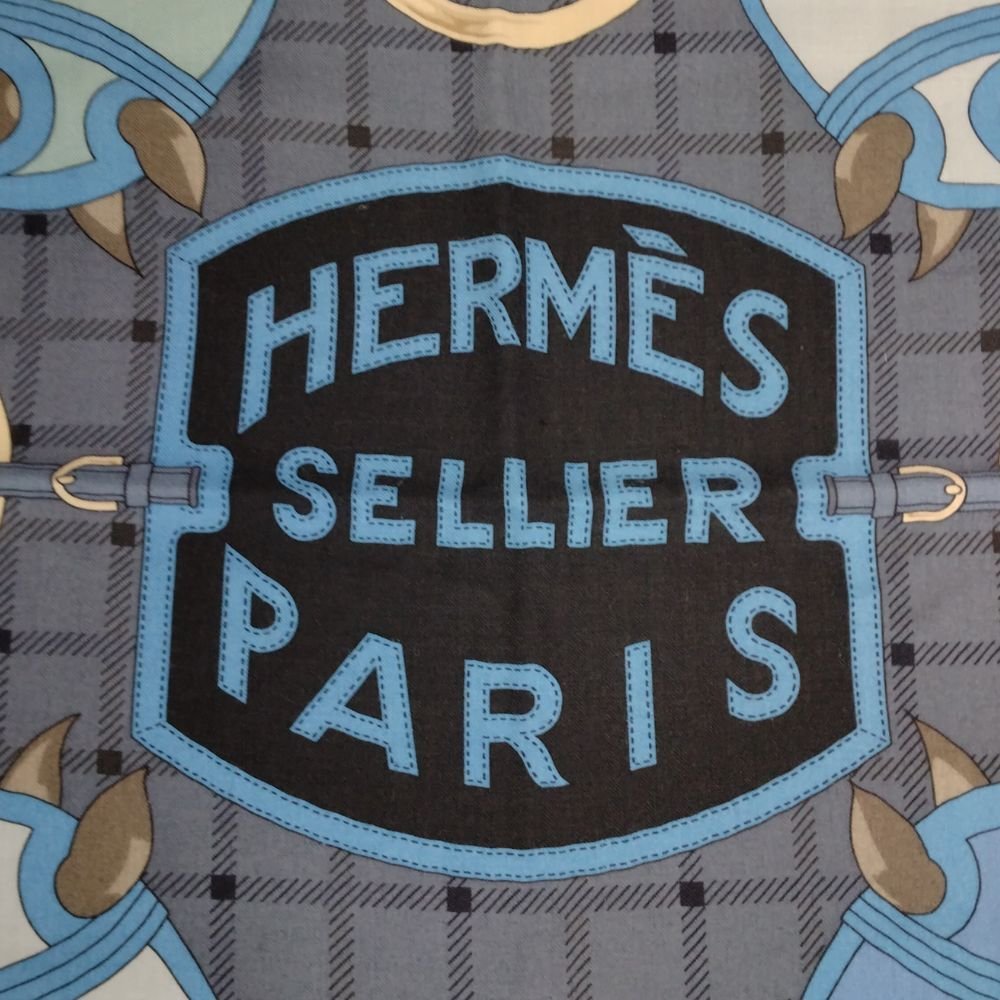 HERMES エルメス カシミヤ シルク スカーフ カレ140 SELLIER タッタソール ブラック×ブルー 正規品 / 33688_画像6