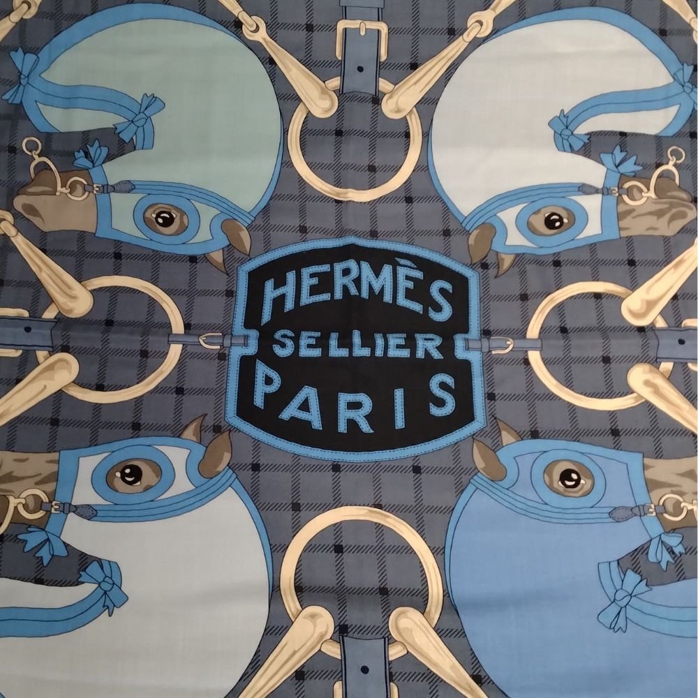 HERMES エルメス カシミヤ シルク スカーフ カレ140 SELLIER タッタソール ブラック×ブルー 正規品 / 33688_画像1