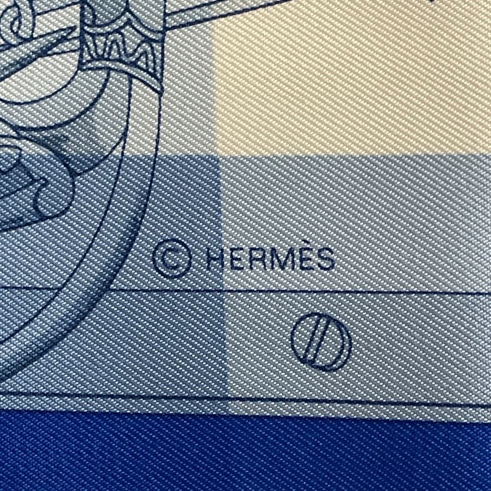 HERMES エルメス シルク スカーフ カレ90 MORS ET GOURMETTES REMIX 馬銜と鎖 チェック柄 ブルー×ホワイト 正規品 / 33702の画像7