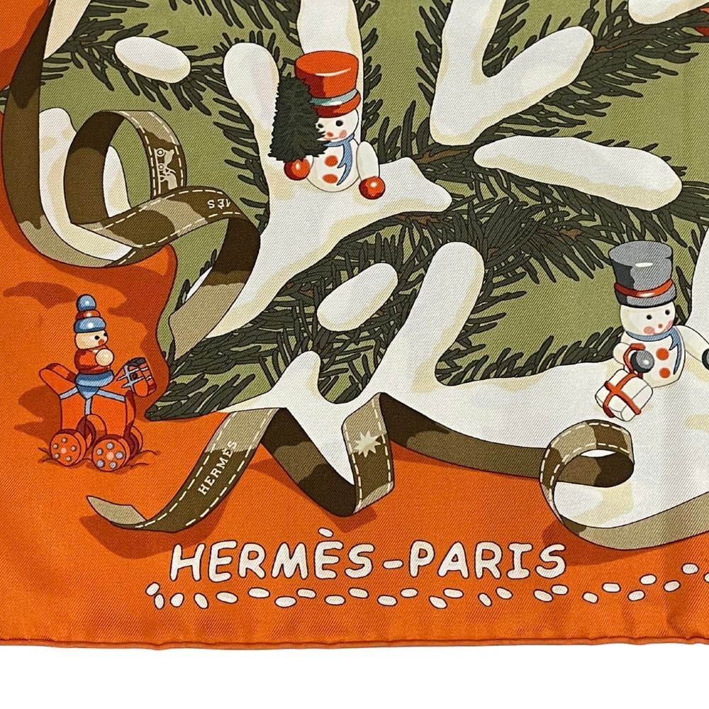 HERMES エルメス シルク スカーフ カレ90 Noel au 24 Faubourg フォーブル24番地のクリスマス オレンジ 正規品 / 33819_画像7