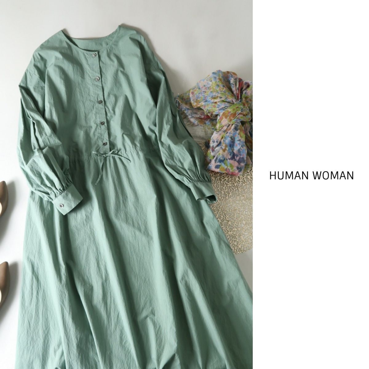 新品☆2.6万☆ヒューマンウーマン HUMAN WOMAN☆洗える コットン100% ウエストマークワンピース Mサイズ☆A-O 1562