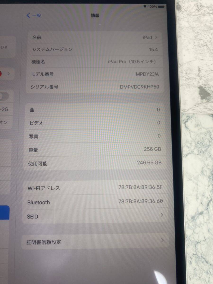 j539k iPad Pro 10.5インチ Wi-Fiモデル A1701 スペースグレイ 256GBの画像4