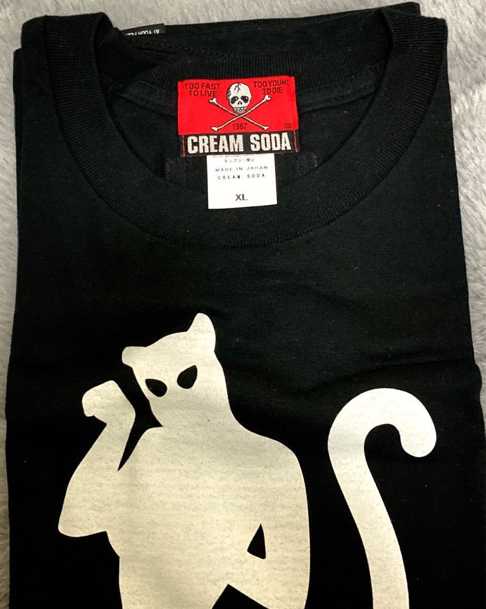 新品.未使用.保管品　美品　クリームソーダ　XLサイズ黒色　Tシャツ　ピンクドラゴン 立ち猫　ブラックキャッツ  ミラクルウーマン