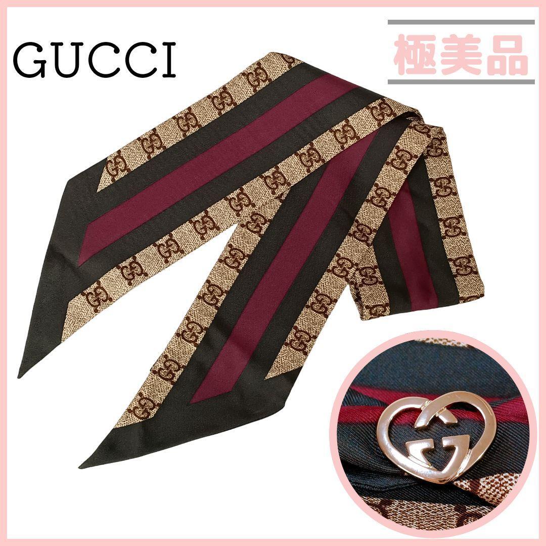 グッチ GUCCI GG シェリーライン ネックボウ リボンスカーフ ハートモチーフ スカーフリングセット ブラウン ベージュ ゴールド