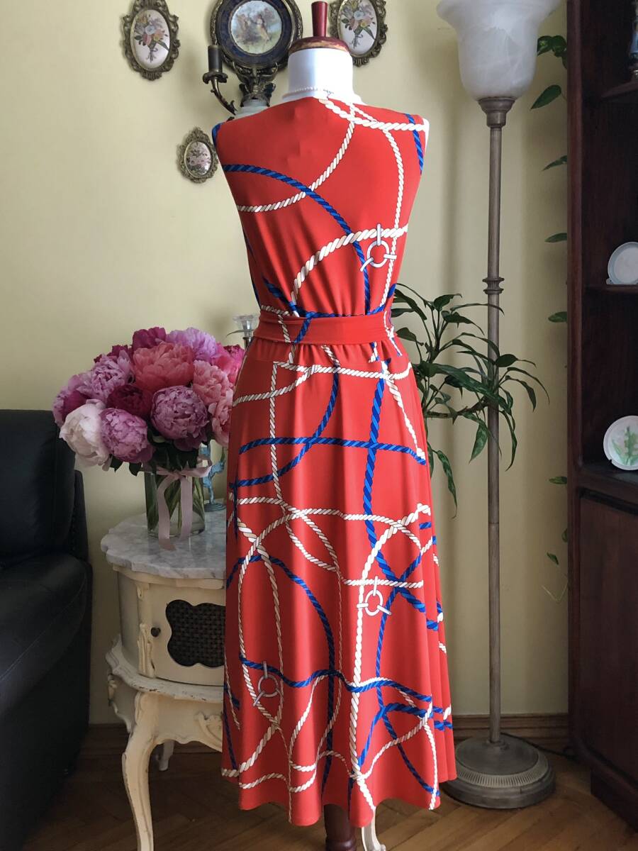  new goods [ Ralph Lauren ] with logo rope pattern /A line Flare / orange stretch / cocktail dress / ribbon belt attaching (US*16|19 number )#679