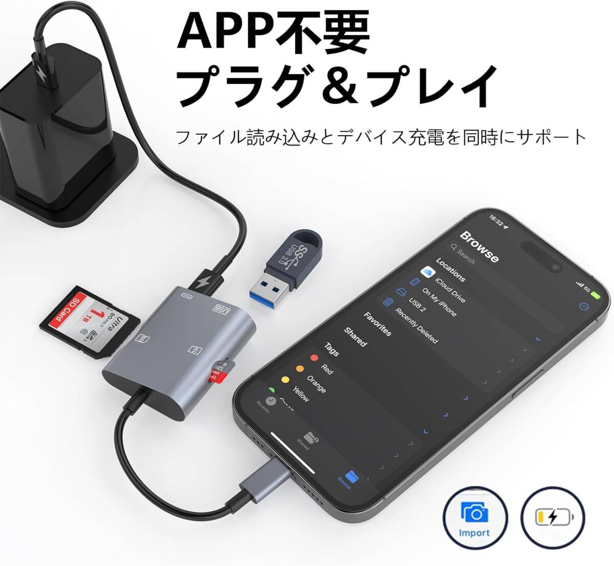 iPhone SDカードリーダー 4in1 Lightning SD カードカメラリーダー SD TF USB カメラアダプタ 高速データ転送 急速充電 アルミ合金シェルの画像4