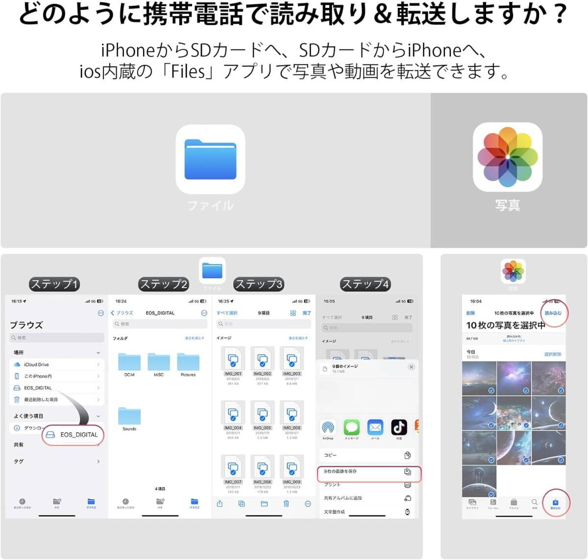 iPhone SDカードリーダー 4in1 Lightning SD カードカメラリーダー SD TF USB カメラアダプタ 高速データ転送 急速充電 アルミ合金シェルの画像3