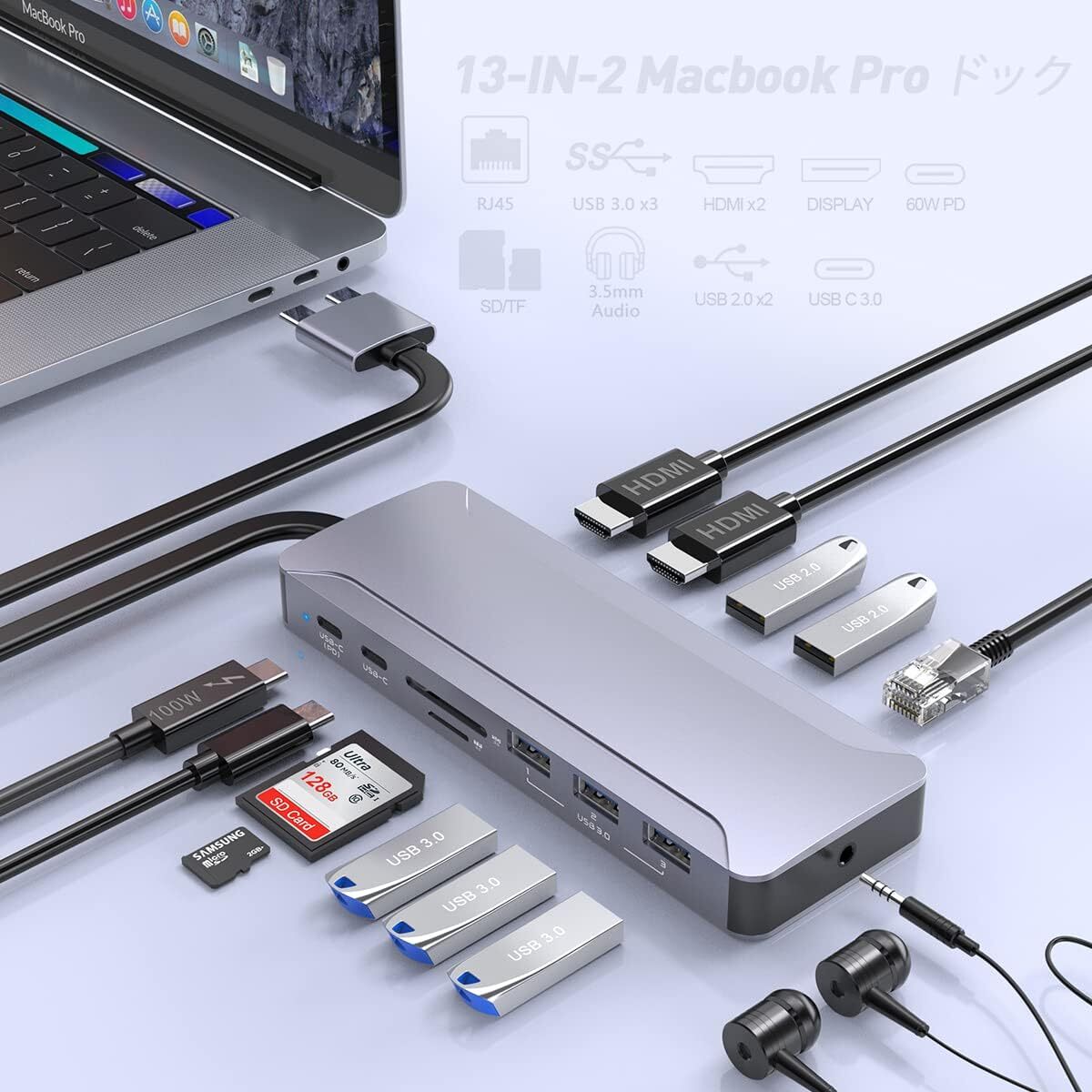 USB C ハブMacbook Pro、MacBook ドッキングステーション USB Type C ハブ トリプルディスプレイ、4K HDMI/ 100W PD急速充電_画像1