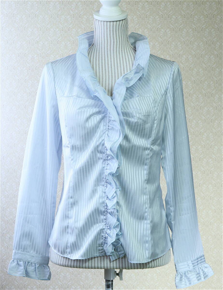 [ tag attaching unused ]L[ postage 185 jpy ] Nara Camicie polyester light blue stripe long sleeve frill collar blouse new goods beautiful goods [ click post ]