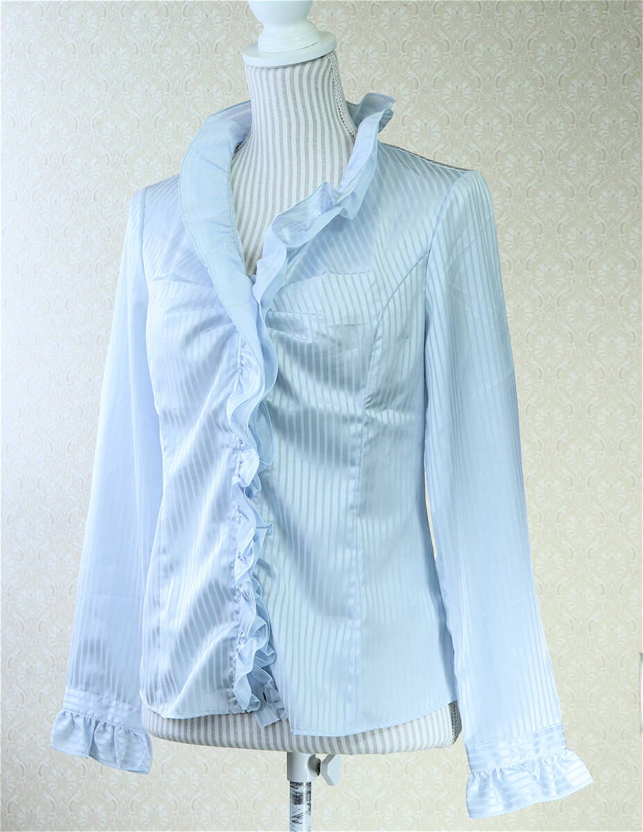 [ tag attaching unused ]L[ postage 185 jpy ] Nara Camicie polyester light blue stripe long sleeve frill collar blouse new goods beautiful goods [ click post ]