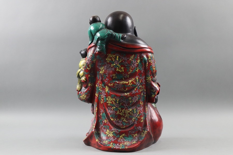 中国美術 朱泥 色絵 唐子布袋像 置物 高42,5cm 陶器 唐物 磁器 細密細工 古美術品[a530]_画像8
