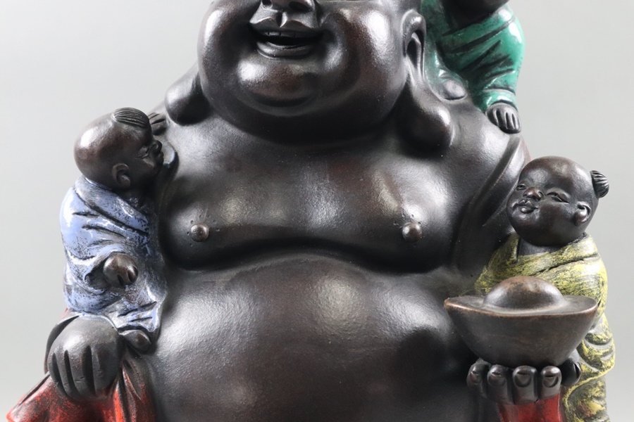 中国美術 朱泥 色絵 唐子布袋像 置物 高42,5cm 陶器 唐物 磁器 細密細工 古美術品[a530]_画像3