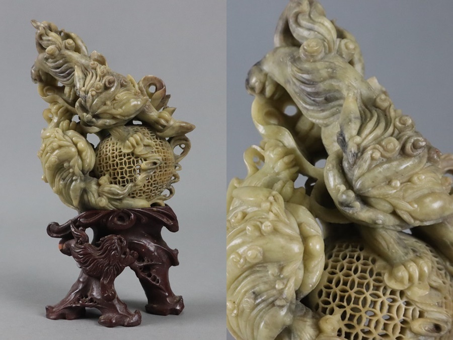 中国美術 寿山石 彫刻 獅子彫 置物 細密細工 古美術品[c311]