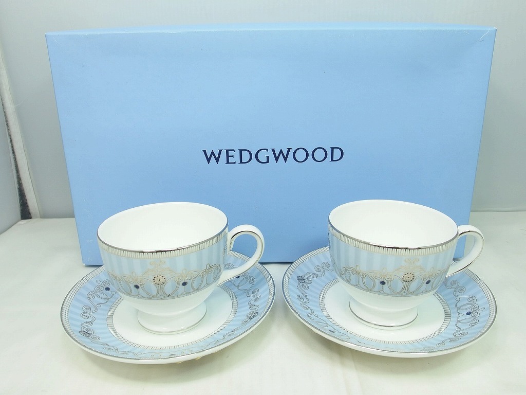 期間限定セール ウェッジウッド WEDGWOOD アレクサンドラ ペア ティーカップ＆ソーサー ホワイト 白 ライトブルー 水色