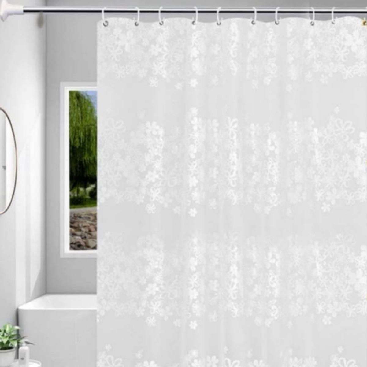 花柄　シャワーカーテン　防水　防カビ　150㎝×180㎝　ホワイト　カーテンフック付き　ユニットバス　お風呂　シンプル