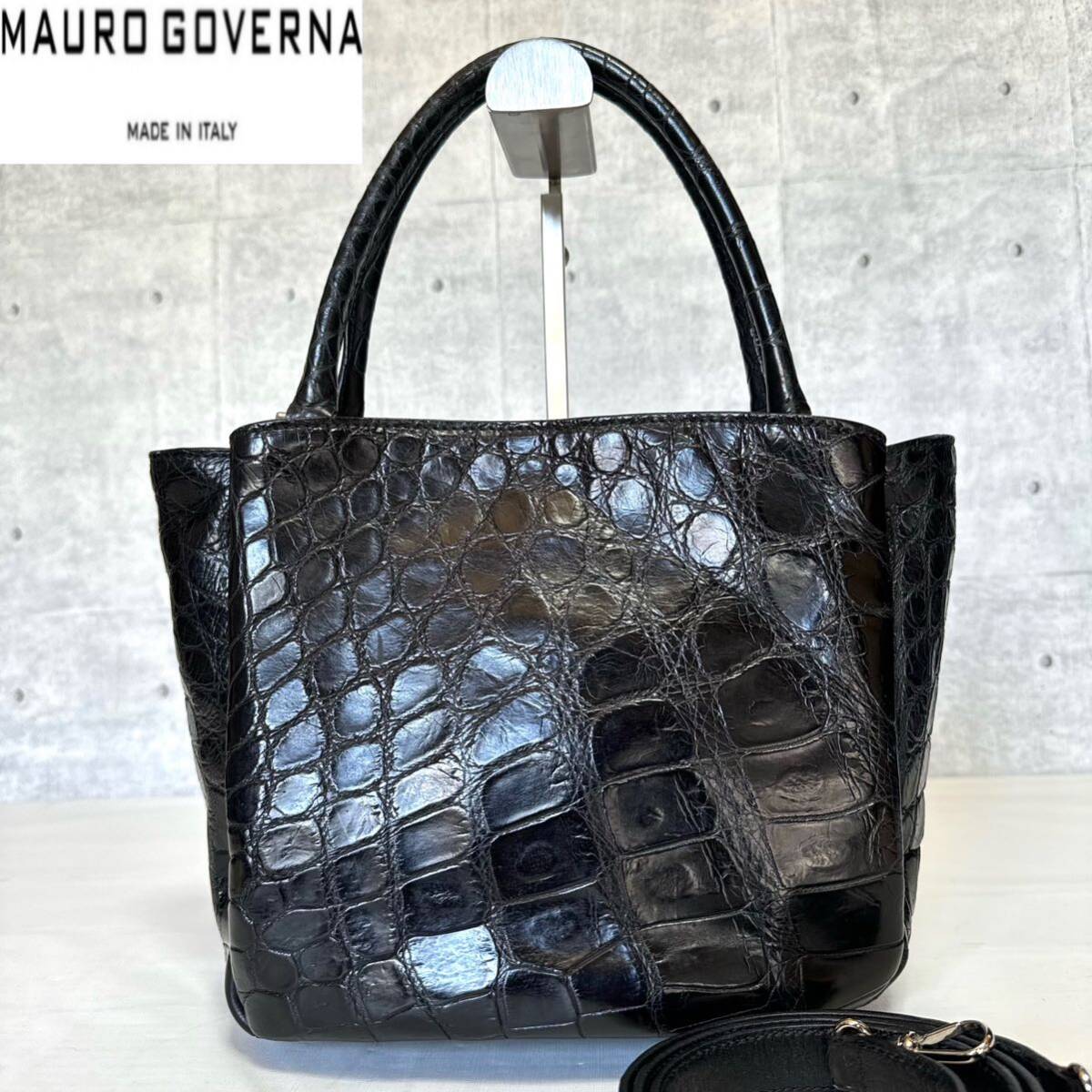 美品 MAURO GOVERNA マウロゴヴェルナ マウロゴベルナ レザー 黒 ブラック マットクロコダイル シルバー金具 2WAY ハンドバッグ トート