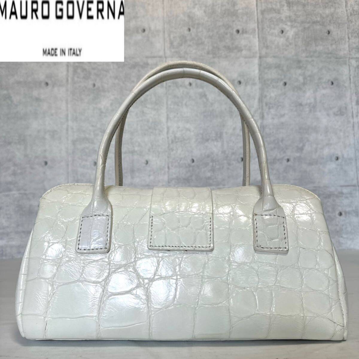 良品 MAURO GOVERNA マウロゴヴェルナ マウロゴベルナ ホワイト クロコダイル 本革 ワニ革 シルバー金具 レザー ハンドバッグ トート