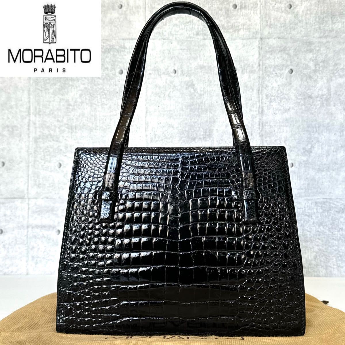 美品 MORABITO モラビト シャイニングクロコダイル BLACK ブラック 黒 ゴールド金具 ハンドバッグ トートバッグ ショルダー レザー 本革