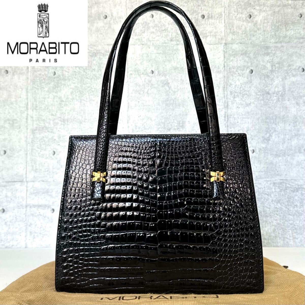 美品 MORABITO モラビト シャイニングクロコダイル BLACK ブラック 黒 ゴールド金具 ハンドバッグ トートバッグ ショルダー レザー 本革_画像1