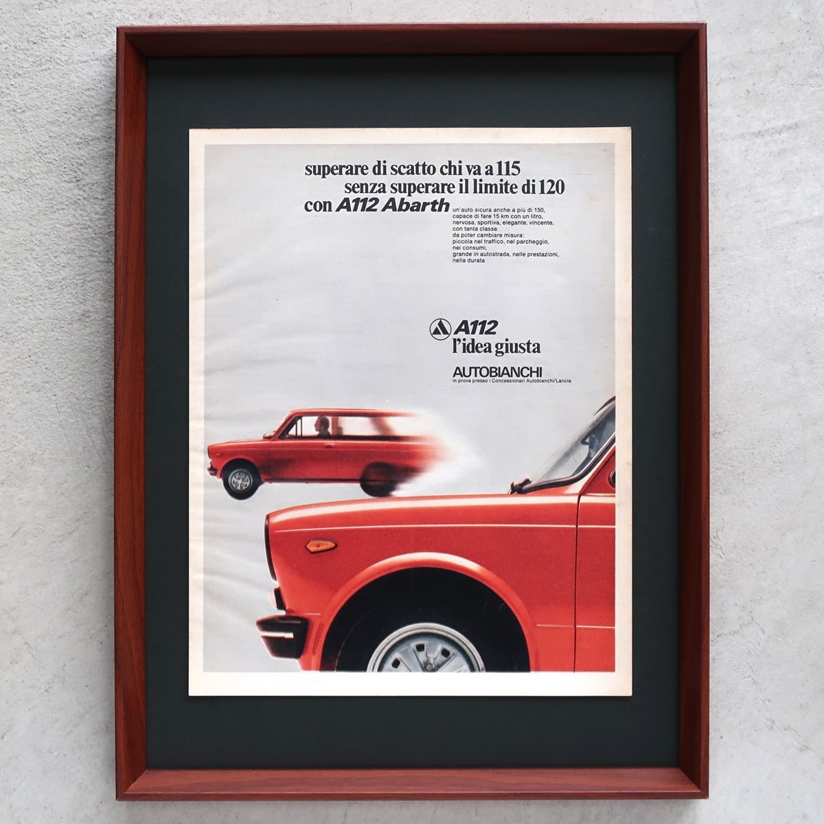 AUTOBIANCHI アウトビアンキ 1974年 A112 アバルト Abarth イタリア ヴィンテージ 広告 額装品 コレクション インテリア ポスター 稀少_画像1