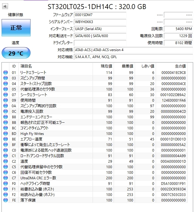 SEAGATE,WesternDigital 3228時間他 2.5インチ 320GB 5400rpm 7mm厚 4個セット。送料込み価格で安心。_画像6