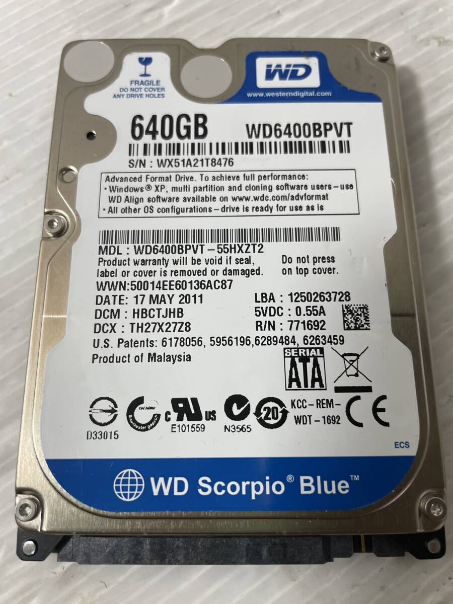 WD6400BPVT ：6937時間 2.5インチ 640GB 5400rpm 9mm厚 送料込み価格で安心。_画像1