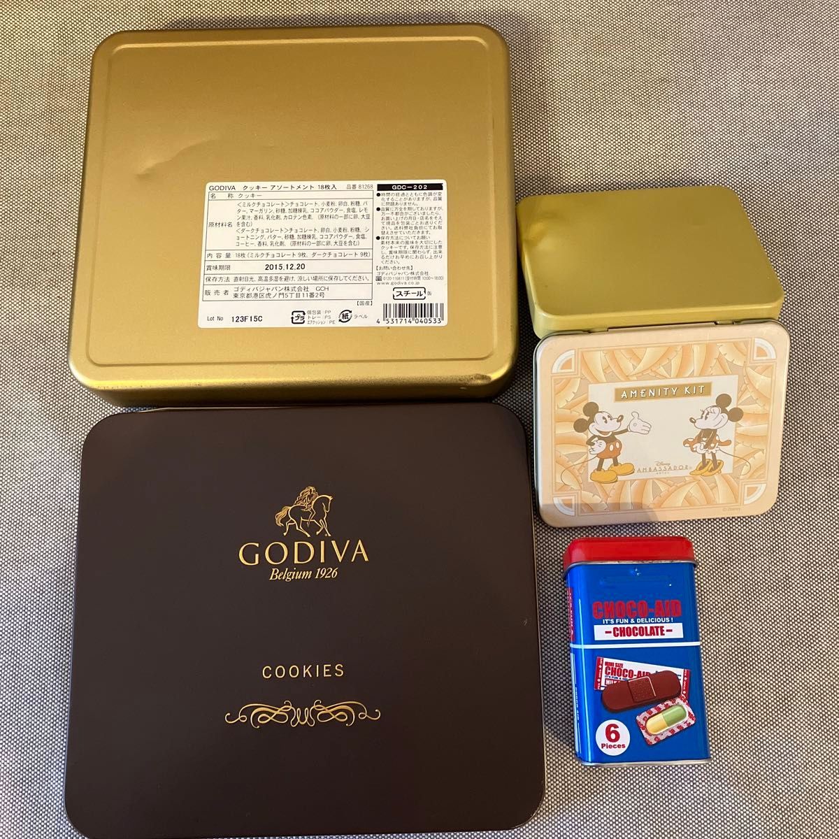 little＿sue様専用　空き缶など6箱セット《ディズニーランド40周年缶》《GODIVA》《チョコエイドの缶》