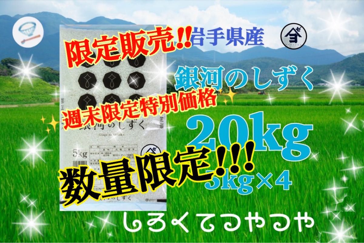 お米　週末限定価格！早い者勝ち♪【岩手県産銀河のしずく20kg 】5kg×4 6年連続特A評価を獲得しました！　白くて艶やか♪