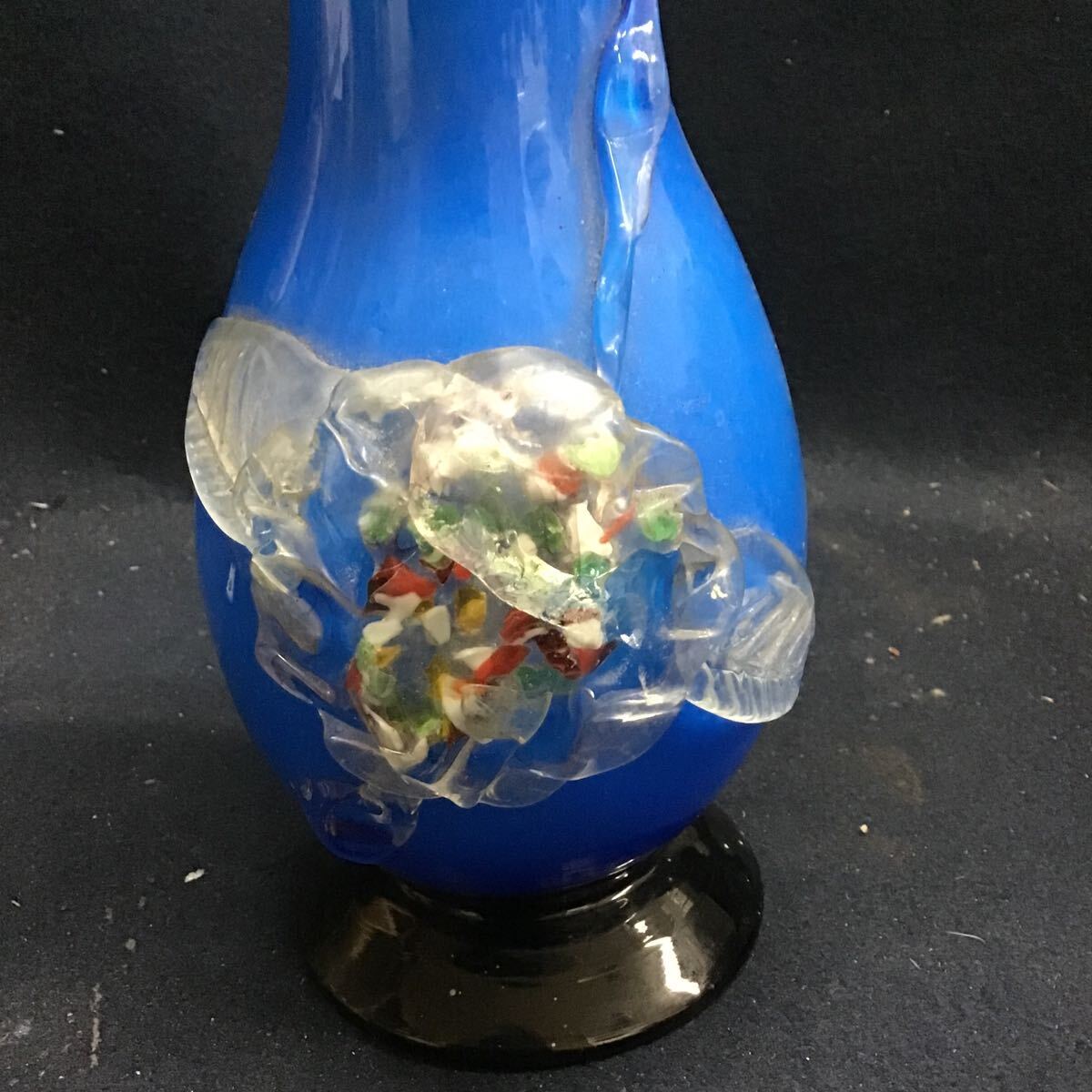 古ガラス　花瓶　花器　フラワーベース　硝子　吹きガラス フリル 大正浪漫 色被せ 昭和レトロ　ブルー 青 和ガラス ビンテージ 花貼_画像6