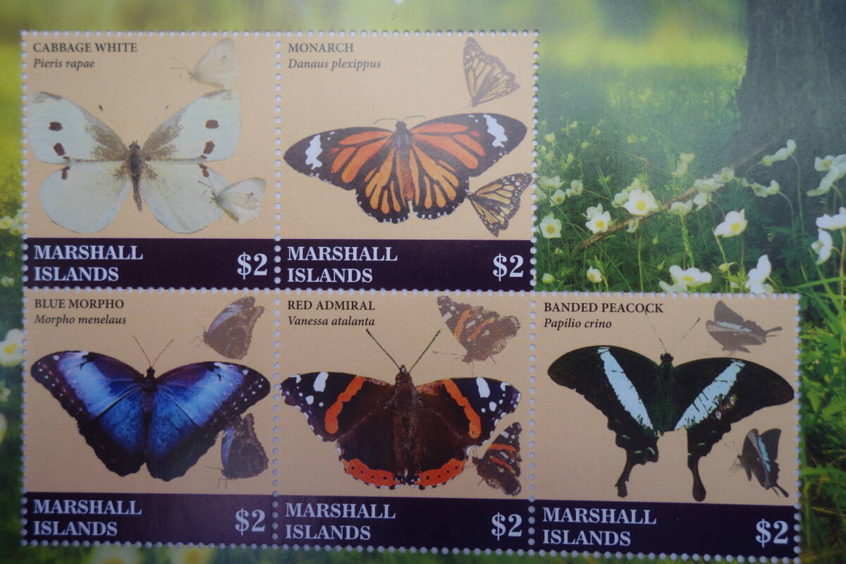 外国切手： マーシャル諸島切手「蝶」 （モンシロチョウ ほか） 5種ｍ/ｓ 未使用_画像2