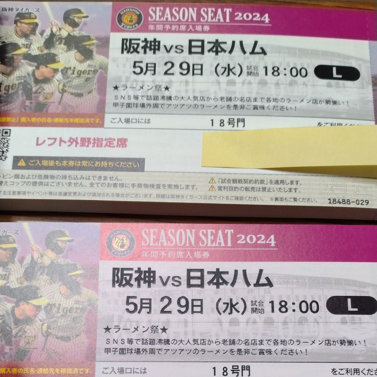 2024/05/29　阪神VS日本ハム　レフトスタンド　2連番　甲子園球場