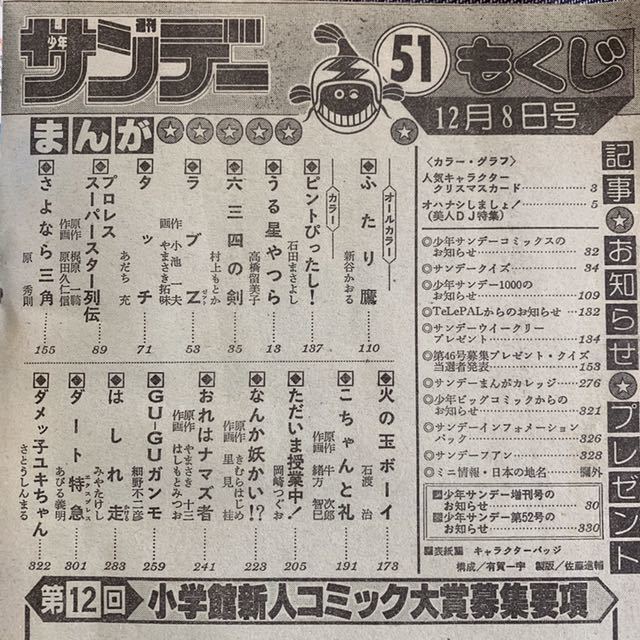 週刊 少年サンデー 1982年51号 うる星やつら 高橋留美子 Gu－Guガンモ ふたり鷹 新谷かおる 六三四の剣 タッチ ただいま授業中なんか妖かい_画像3