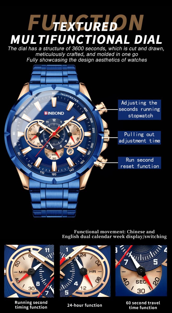 特価　新品　未使用　腕時計　クオーツ　メンズ　アナログ　ミリタリー　ステンレス　クロノグラフ　ビジネス 防水　耐衝撃　発光　c2408_画像8