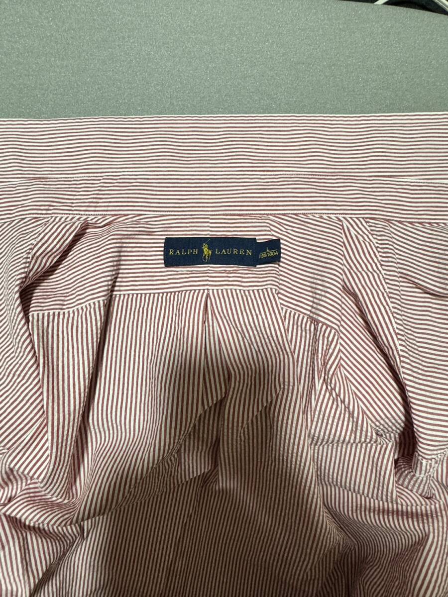ラルフローレン　ボタンダウンシャツ　半袖　L　シアサッカー　赤白　ポニー刺繍　BDシャツ