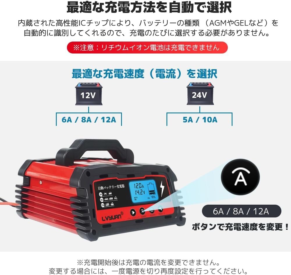 全自動 バッテリー充電器 定格12A 緊急時 全自動 スマートチャージャー 12V/24V対応 バッテリー診断機能付 AGM/GEL車充電可能 _画像3