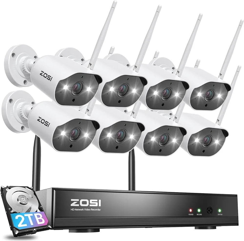 ZOSI ワイヤレス防犯カメラ屋外 wifiカメラ8台セット 300万画素監視カメラ 屋外 広角 H.265圧縮技術 防犯カメラ 8ch 2TB HD