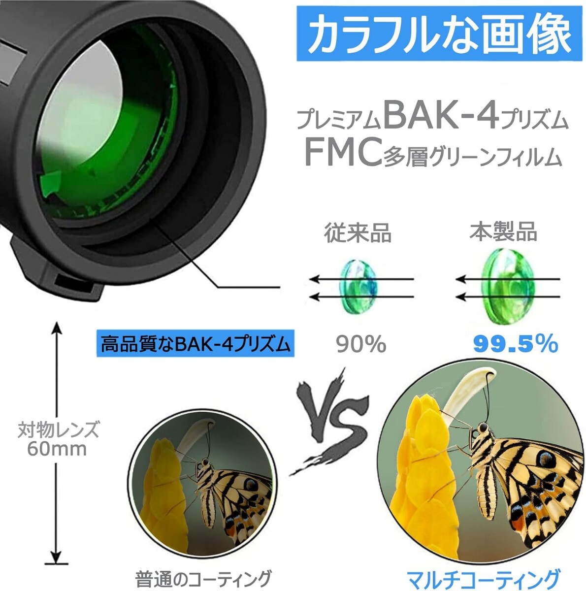 単眼鏡 高倍率 40X60 望遠鏡 防水 遠眼鏡 高級プリズム BAK4 望遠レンズ スマホ対応 遠距離撮影 滑り止め 耐衝撃 ポータブル アウト