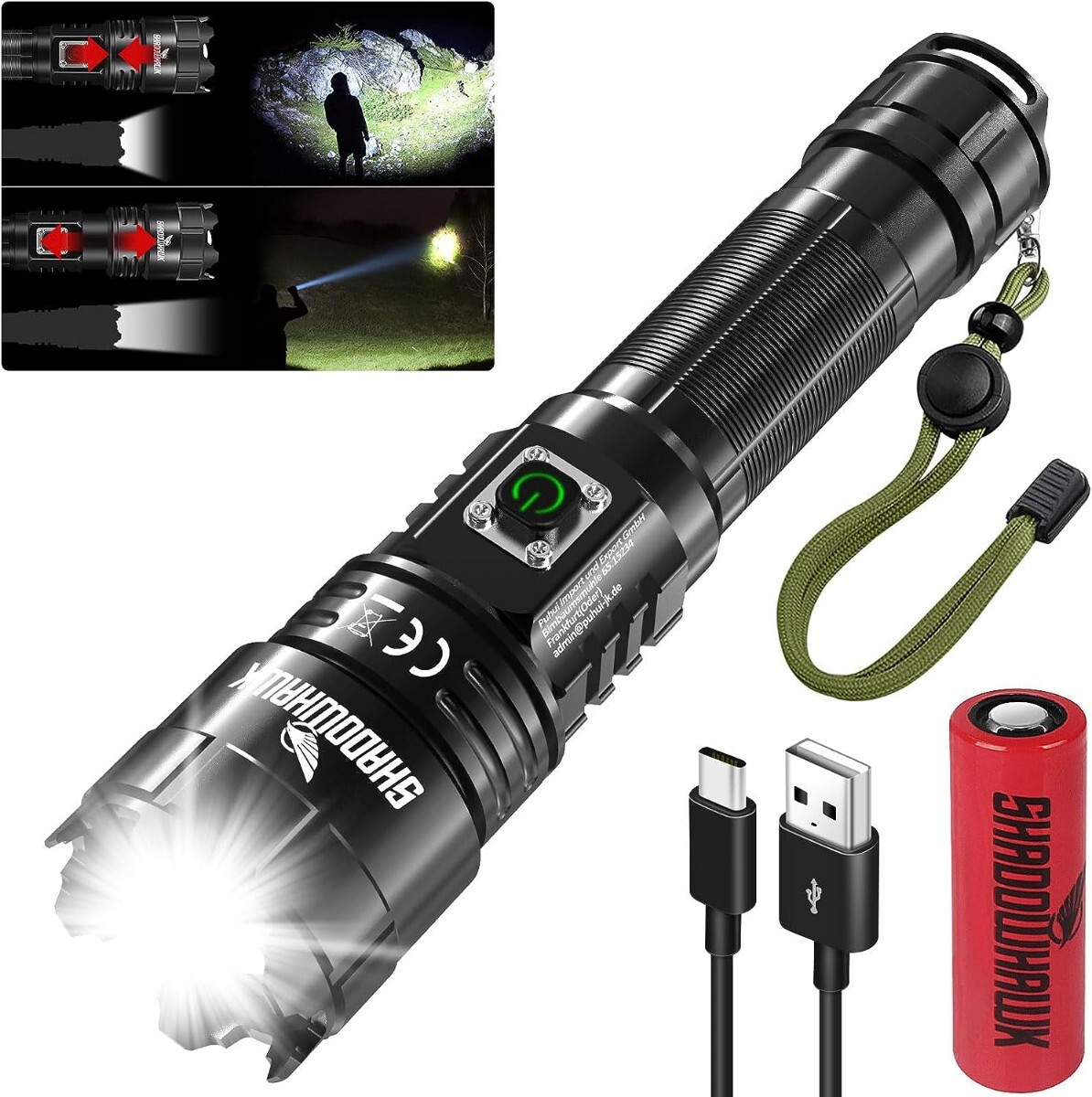 懐中電灯 かいちゅうでんとう led 軍用 最強 Shadowhawk 超高輝度 30000ルーメン フラッシュライト 充電式 ハンディ XHP70.2 超強力