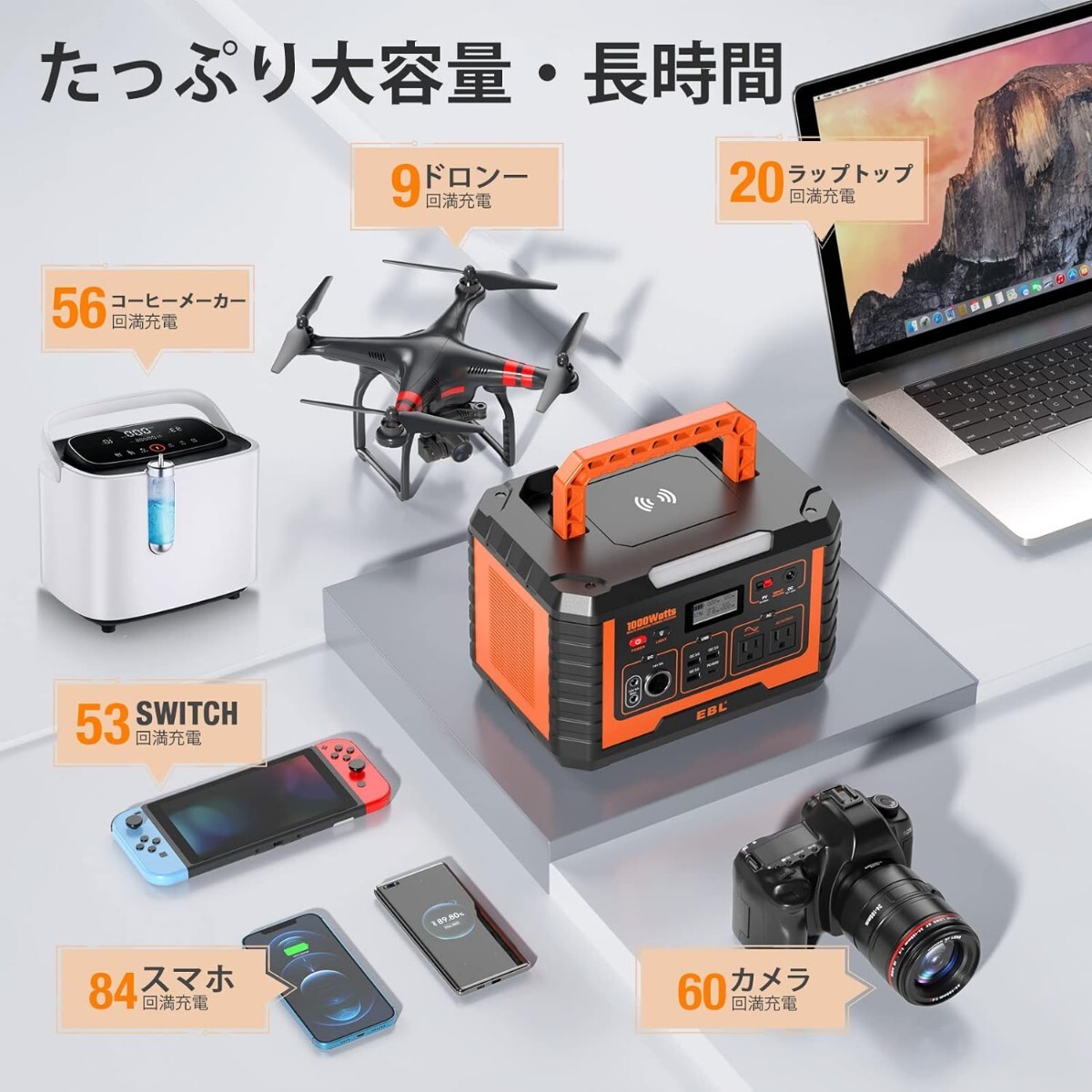 EBL ポータブル電源 1000W 999Wh/270000mAh ポータブルバッテリー 大容量 家庭用 アウトドア用蓄電池 バックアップ電源 PSE認証済 純正弦波_画像5