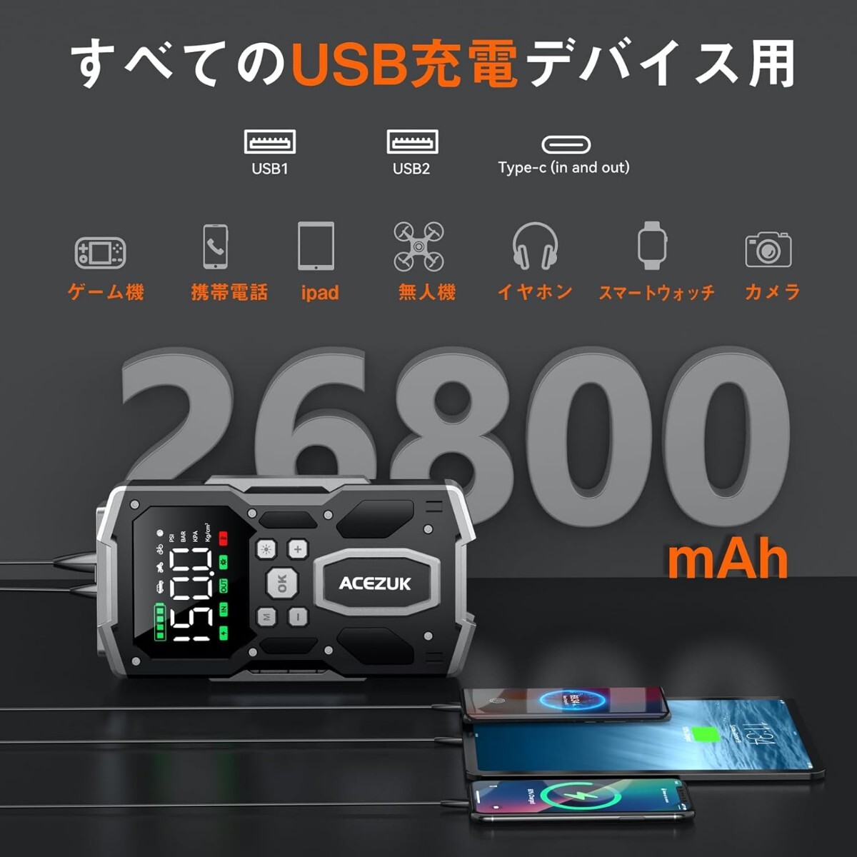 ジャンプスターター 一台四役 エアコンプレッサー搭載 26800mah 5000A 車用ジャンプスターター 電動空気入れ (すべてのガソリン車・_画像4