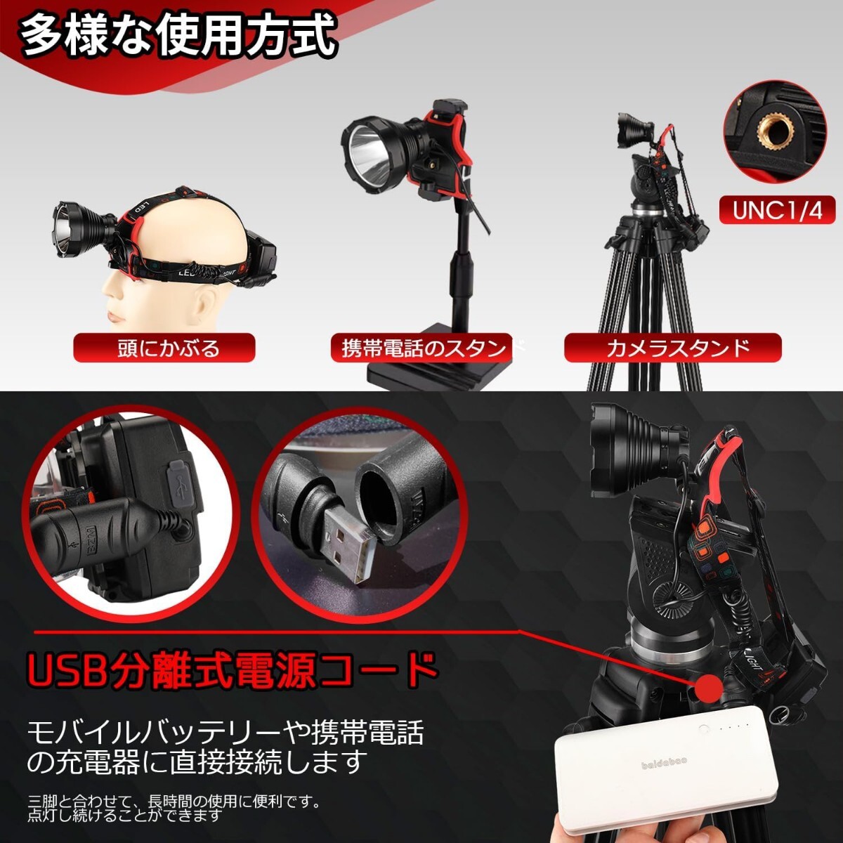 多機能ヘッドライト】遠距離照射用LEDヘッドライト、中大型ヘッドライト、USB TYPE-C充電式、2000M照射距離、9000mAh大容量電池