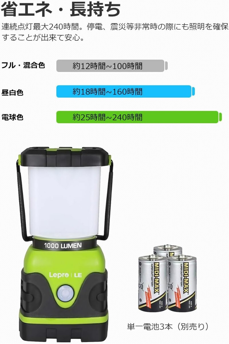 LED ランタン キャンプランタン 【超高輝度 1000ルーメン/実用点灯12-240時間/電池式/昼光色・昼白色・電球色切替/4つ点灯モード/無段階調