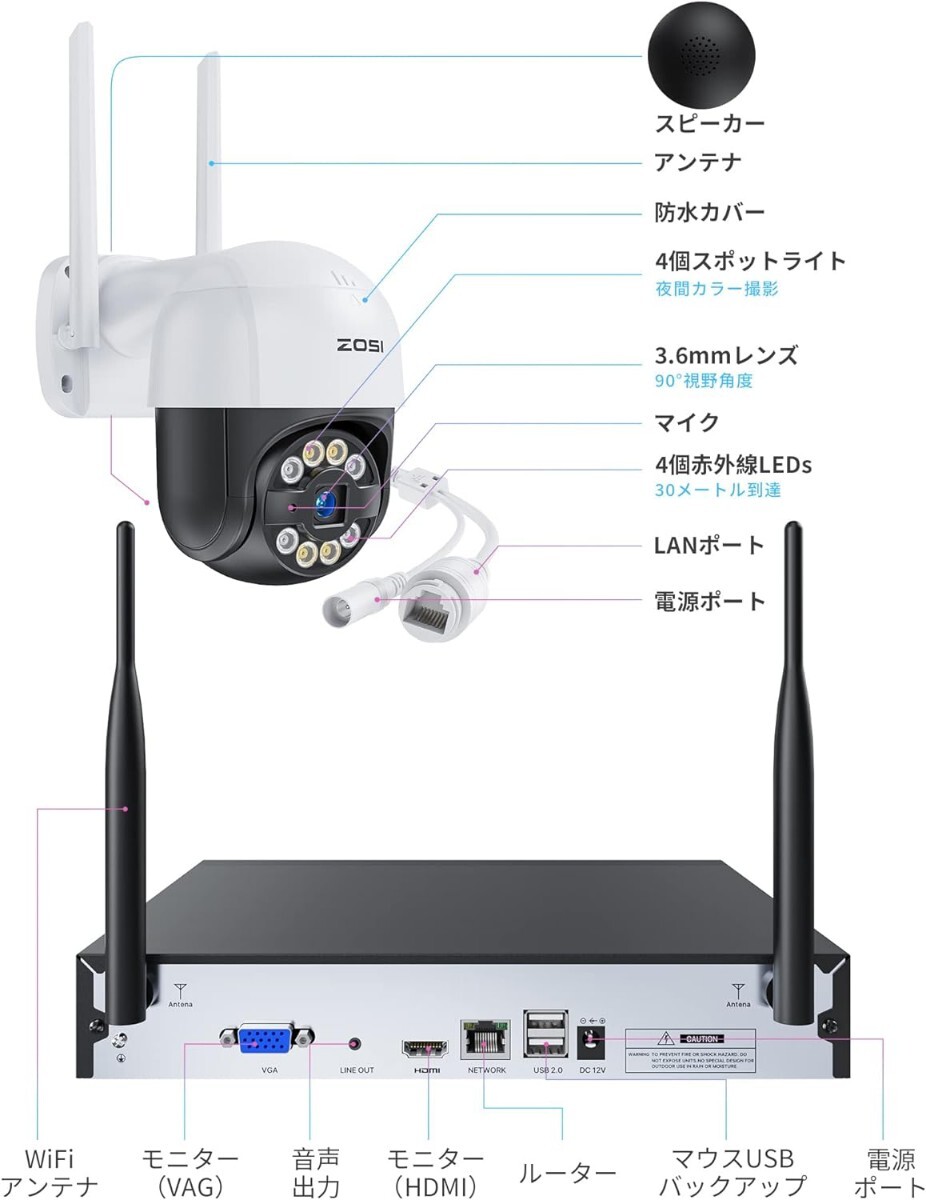 ZOSI ワイヤレス防犯カメラセット 300万画素 PT機能カメラ 360°PTパンチルト(首振り) ワイヤレス 屋外 防犯灯カメラ wi-fi パンチルト _画像8