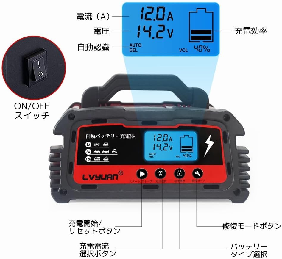 全自動 バッテリー充電器 定格12A 緊急時 全自動 スマートチャージャー 12V/24V対応 バッテリー診断機能付 AGM/GEL車充電可能 _画像5