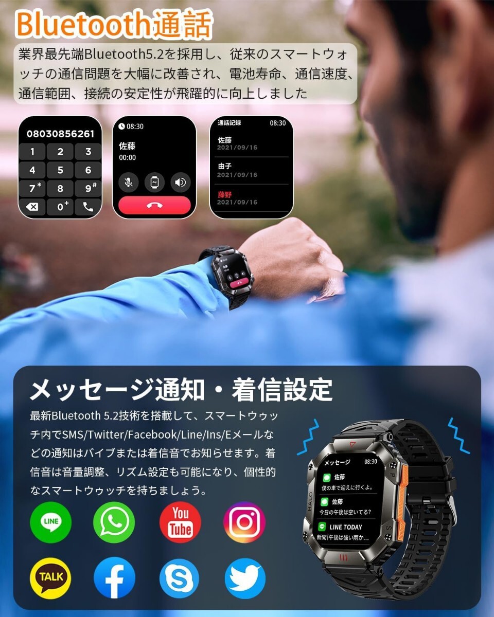 スマートウォッチ スポーツウォッチ　2023新登場 軍用規格 2インチ大画面　smart watch iphone対応＆アンドロイド対応 Bluetooth5.2通_画像6