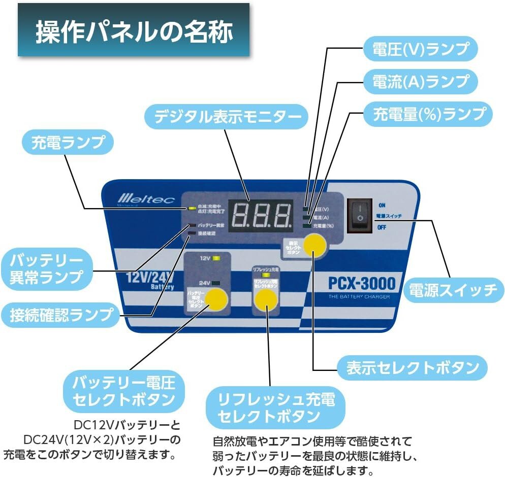 バッテリー充電器(軽自動車~大型トラック) DC12/24V対応 Meltec PCX-3000 正式PSE取得 定格20/10A リフレッシュ&フルオート機能付_画像6