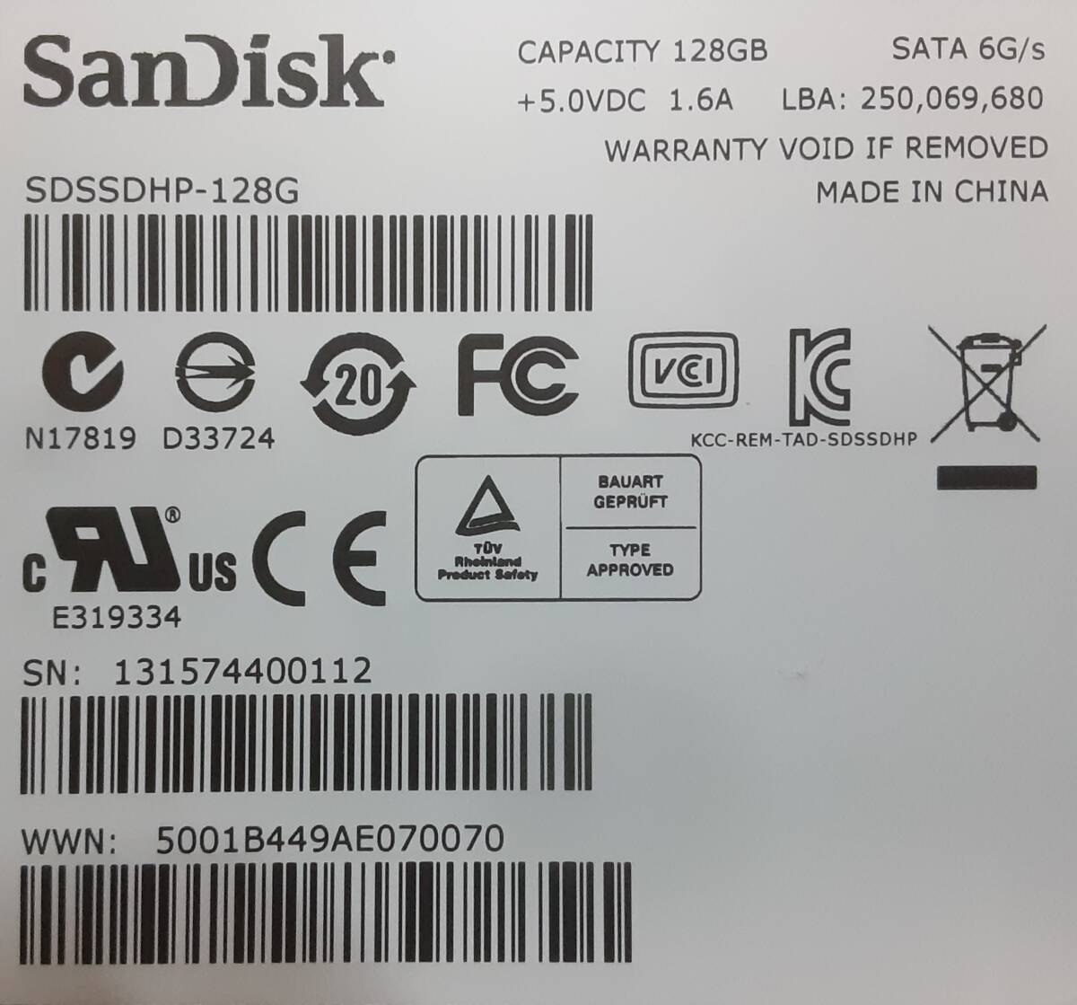 SANDISK中古 SATA SSD / 128GB / SDSSDHP-128G / 22,801時間使用_画像3