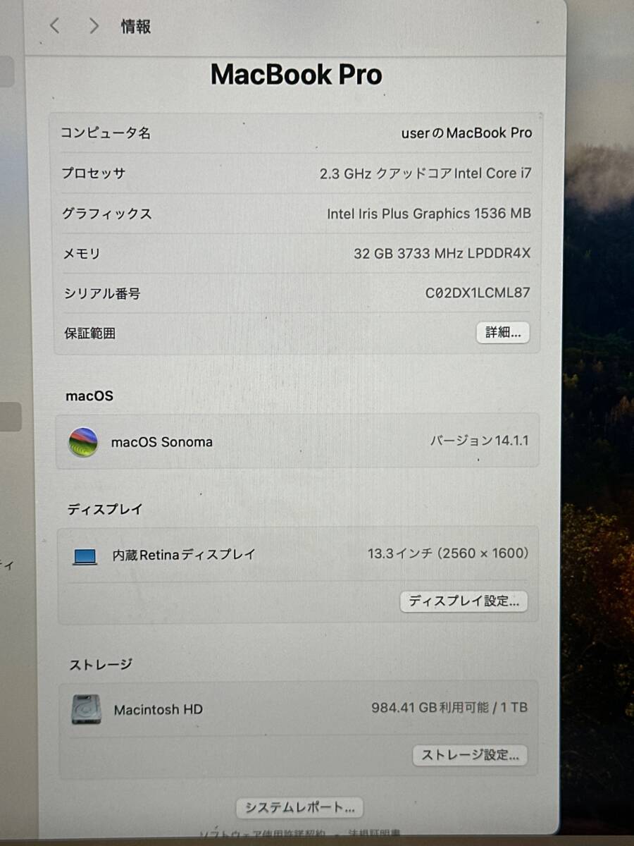 【良品♪】Apple MacBook Pro 2020【Core i7(1068NG7)2.3GHz/RAM:32GB/SSD:1024GB/13.3インチ]Sonoma シルバー 動作品_画像7